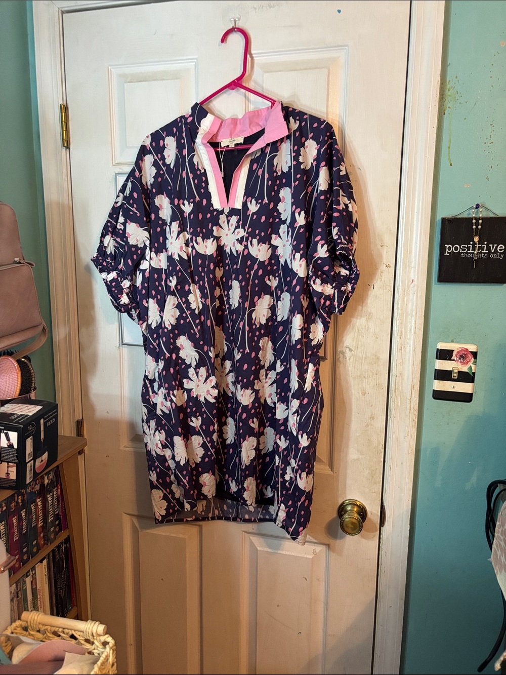 entro Navy Floral Midi Dress with Pink Trim Size Large